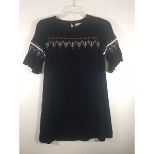 LOFT Black Elbow-length Sleeve Dress with Embroidered Accents XS